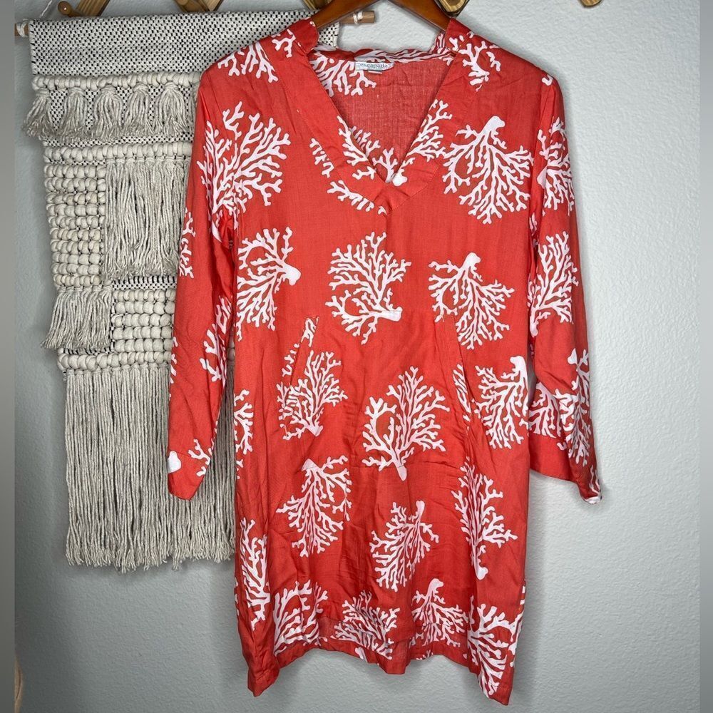 Escapade coral colored colored print swim cover-up medium